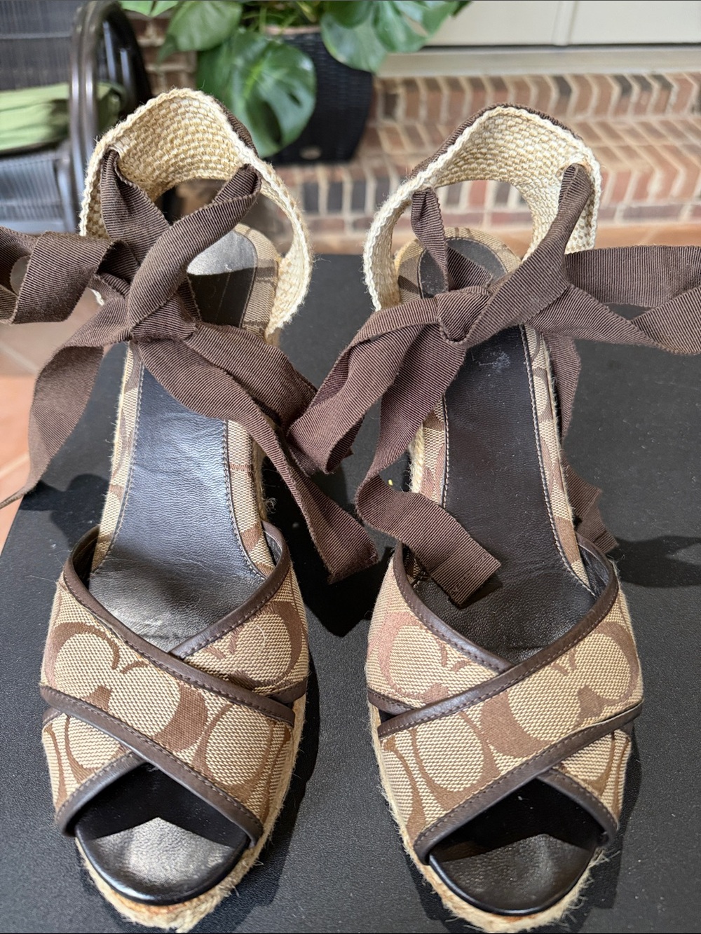 Coach Brown Signature Canvas Espadrille Wedges with Ankle Tie Straps